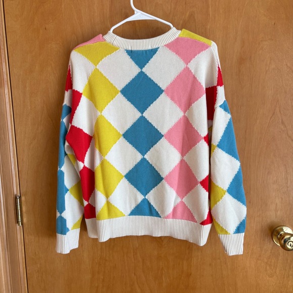 Boden Cotton Argyle Crew Sweater Large Diamond Harlequin Yellow Pink Blue Red - Picture 4 of 8